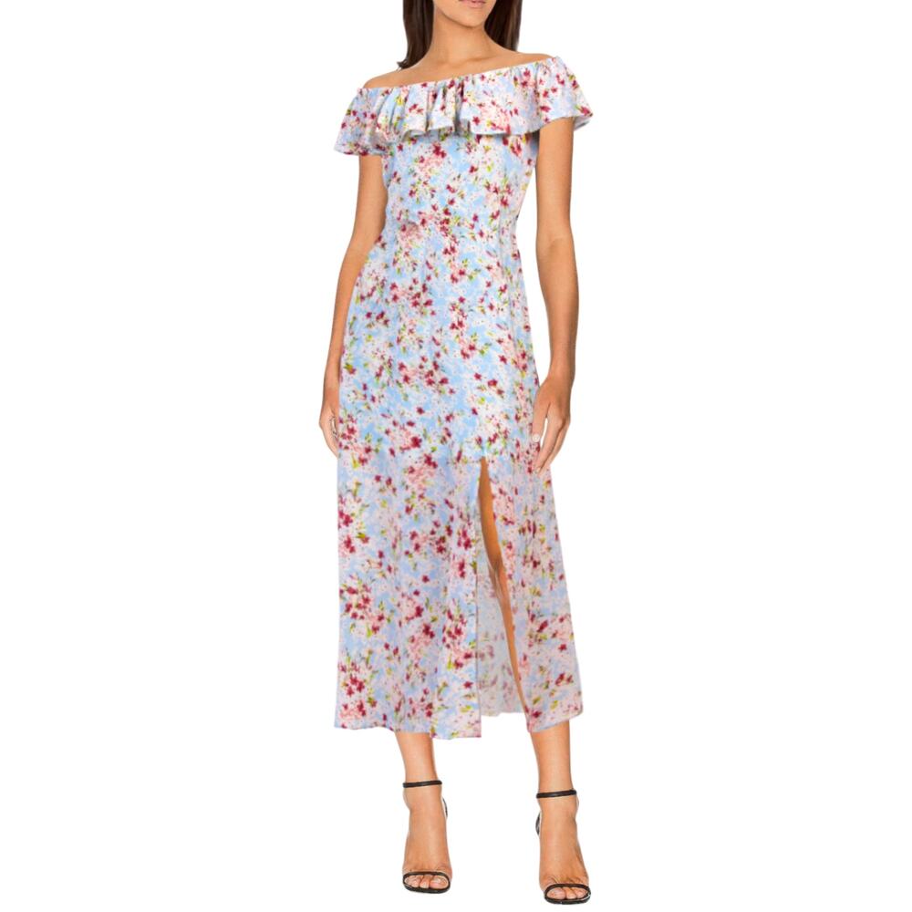 NWT BCBGENERATION Women's Ruffle Off The Shoulder Front Slit Floral Maxi Dress